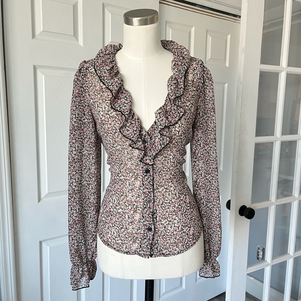 Nasty Gal Collection Floral Print Button Down Sheer Material Long sleeve Shirt